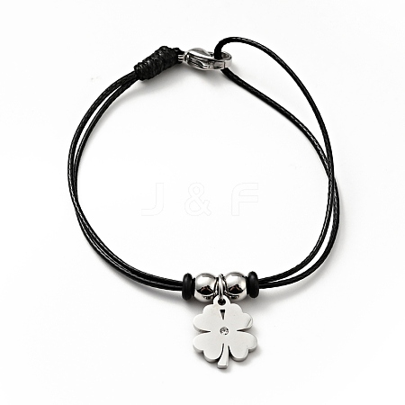 304 Stainless Steel Clover Charm Bracelet with Waxed Cord for Women BJEW-A125-28-1