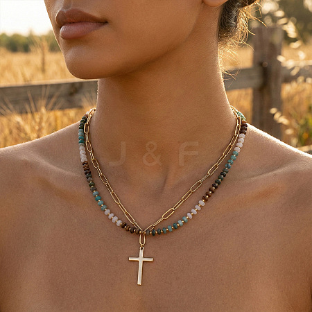 Stainless Steel Religion Cross Pendant Colorful Natural Mixed Gemstone Rondelle Beaded Double Layer Necklaces for Women KG2971-1