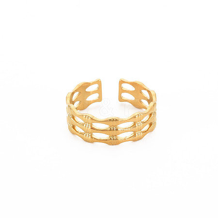 Ion Plating(IP) 304 Stainless Steel Bamboo Shape Open Cuff Ring for Women RJEW-S405-201G-1