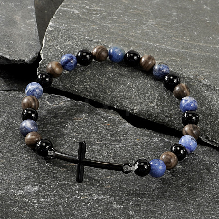 Natural Sodalite & Black Obsidian & Woodstone Beads Stretch Bracelets for Men CI7387-1-1