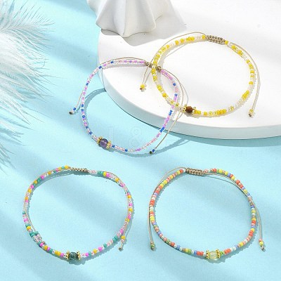 Natural Mixed Gemstone & Seed Braided Bead Bracelet BJEW-JB09613-1