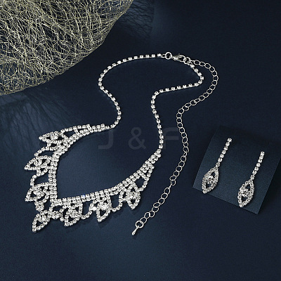 Leaf Brass Pave Clear Cubic Zirconia & Rhinestone Pendant Necklaces & Stud Earrings Sets FS-WG35E42-01-1