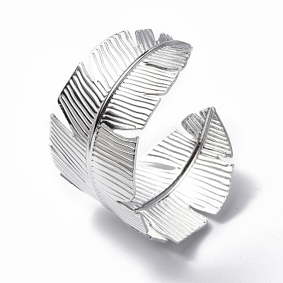 Non-Tarnish 304 Stainless Steel Feather Open Cuff Bangle for Women BJEW-F442-01P-1