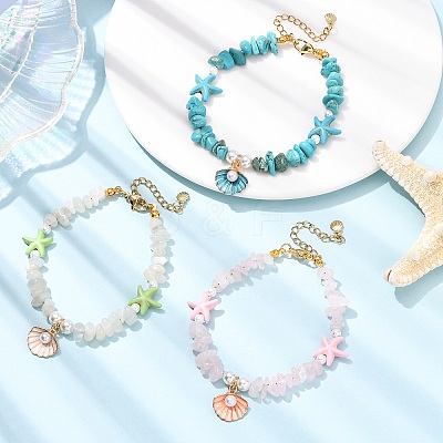 3Pcs Natural Moonstone & Rose Quartz & Synthetic Turquoise Chips & Shell Pearl Beads Bracelets Sets BJEW-JB12413-1