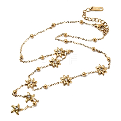 304 Stainless Steel Crystal Rhinestone Flower Starfish Link Chain Y Necklaces for Women NJEW-G181-08G-1