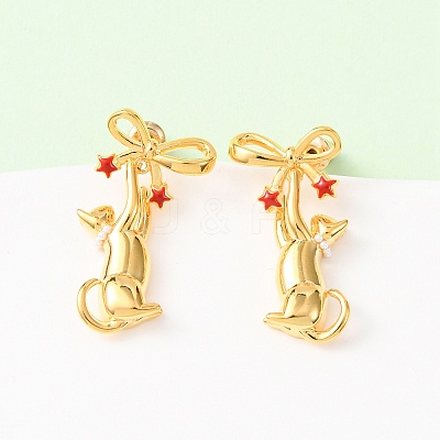 Bowknot with Cat Shape Brass Enamel Dangle Stud Earrings EJEW-F401-02G-1
