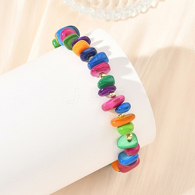 Dyed Natural Freshwater Shell Chip & Brass Beades Stretch Bracelets BJEW-JB14232-1