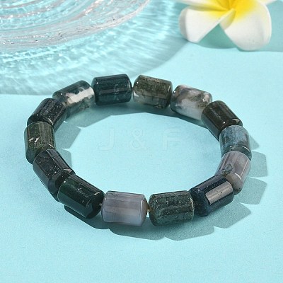 Column Natural Moss AgateBeads Stretch Bracelets for Women Men BJEW-A148-01A-28-1