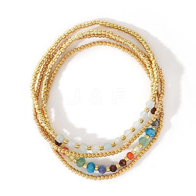 4Pcs Luxury Natural Aquamarine Round Beads & Moonstone & Lapis Lazuli & Malaysia Jade & Glass & Cubic Zirconia & Purple Garnet & Red Garnet & Glass Seed Beads Stretch Bracelet Set for Women AP3962-6-1