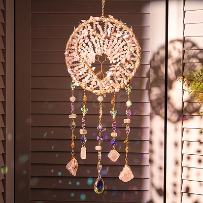 Heart Natural Gemstone Chips Hanging Suncatchers RN-CBA387D-04G-01-1