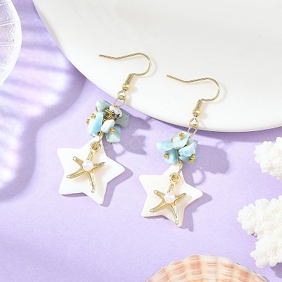 Natural Larimar & Natural Freshwater Shell & Alloy Dangle Earring for Women EJEW-JE07403-1