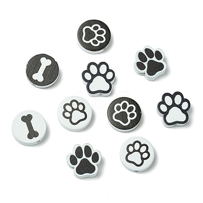 60Pcs 6 Styles Dog Bone Print Wooden European Beads WOOD-CJ0002-39-1