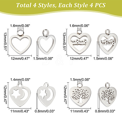 16Pcs 4 Style 304 Stainless Steel Charms STAS-DC0005-46-1
