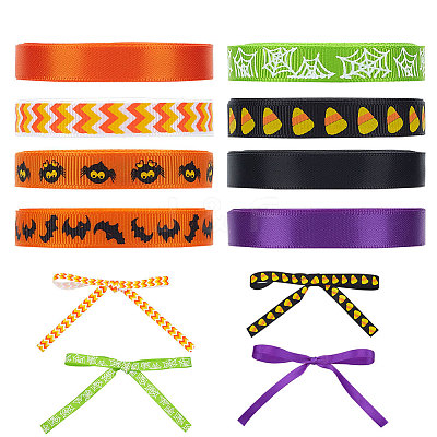 8Rolls 8 Colors Halloween Polyester Printed Grosgrain Ribbon OCOR-PH0004-26-1