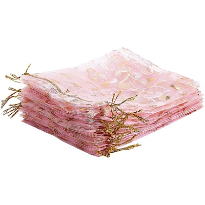 100Pcs Gold Stamping Heart Organza Gift Bags OP-PH0001-37B-1