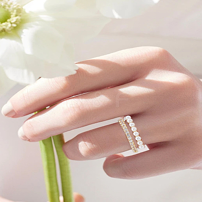 1Pc Clear Cubic Zirconia Open Cuff Ring with Acrylic Pearl Beaded RJEW-LP0008-15-1