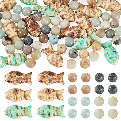50Pcs Round Natural Flower Amazonite and 15Pcs 3 Colors Fish Dyed Synthetic Turquoise Beads Sets G-TA0003-04-1