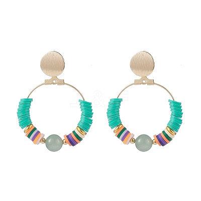 Natural Green Aventurine & Polymer Clay Beaded Big Ring Dangle Stud Earrings EJEW-TA00075-05-1