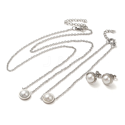 Flat Round Plastic Imitation Pearl Pendant Necklaces & Bracelets & Stud Earrings Sets SJEW-C004-02P-1