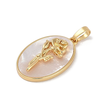 Rack Plating Brass Pave Shell Oval Pendants KK-U032-92G-01-1
