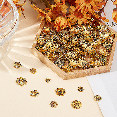 320Pcs 8 Styles Tibetan Style Alloy Bead Caps TIBE-GO0001-02-1