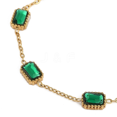 Ion Plating(IP) 304 Stainless Steel Pave Green Glass Rectangle Link Bracelets for Women BJEW-H613-11G-1