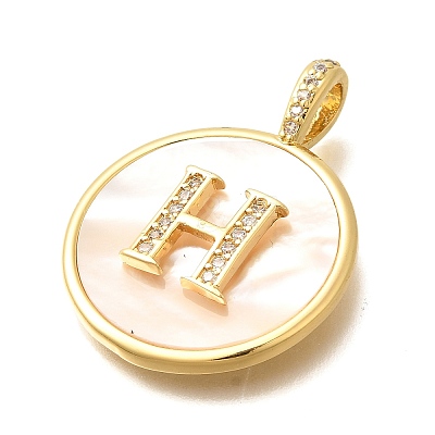 Rack Plating Brass Micro Pave Clear Cubic Zirconia Pendants with Shell KK-M309-42G-H-1