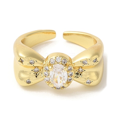 Bowknot Brass Micro Pave Clear Cubic Zirconia Open Cuff Rings RJEW-U008-10G-1