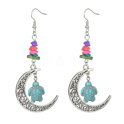 Dyed Synthetic Turquoise Crescent Moon with Tortoise Dangle Earring EJEW-JE05269-02-1