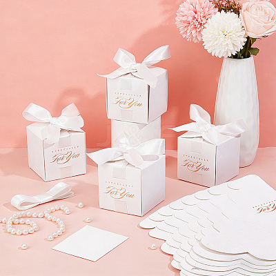 Square Paper Wedding Candy Storage Boxes with Ribbon CON-WH0001-80-1