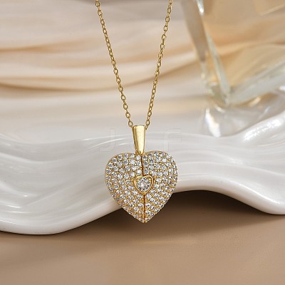 Valentine's Day Brass Micro Pave Clear Cubic Zirconia Heart Locket Pendant 304 Stainless Steel Cable Chain Necklaces for Women WG30B58-01-1