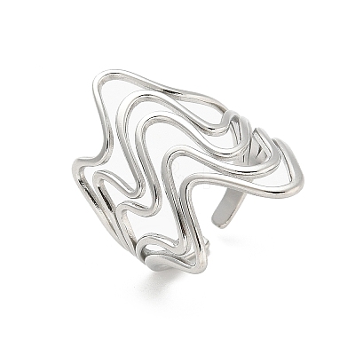 304 Stainless Steel Wave Open Cuff Ring for Women RJEW-M025-01P-1