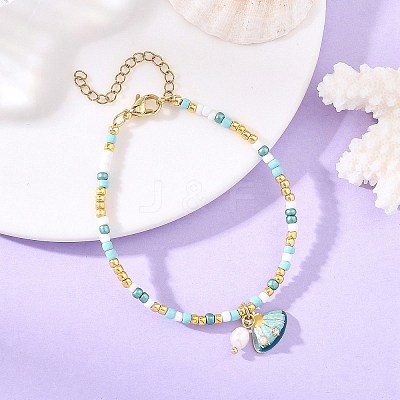 Ocean Natural Pearl and Alloy Crystal Rhinestone Enamel Shell Shape Charm Bracelets BJEW-JB14256-1