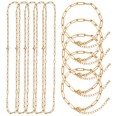 10Pcs 2 Styles 304 Stainless Steel Paperclip Chains Bracelets & Necklaces Sets SJEW-SC0001-01-1