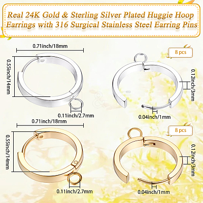 16Pcs 2 Colors 201 Stainless Steel Huggie Hoop Earrings Findings STAS-BBC0008-39D-1
