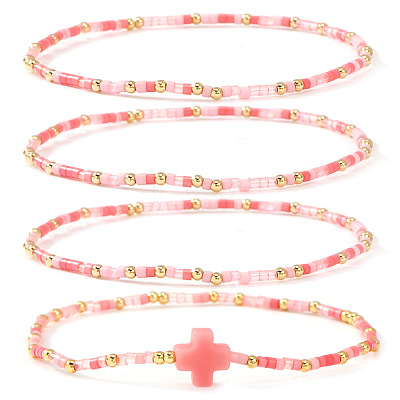 4Pcs Vintage Cylinder Seed Beads & Brass Beaded Bracelet Sets VC6317-3-1