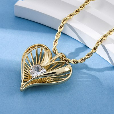 Brass Pave Clear Cubic Zirconia Heart Pendant Necklaces for Women NJEW-K381-07A-G-1