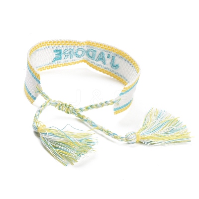 Word J'ADORE Polycotton(Polyester Cotton) Braided Bracelet with Tassel Charm BJEW-F429-01-1