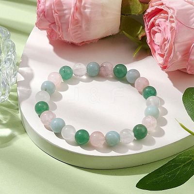 8mm Round Natural Rose Quartz & Amazonite & Green Aventurine & Quartz Crystal Beaded Stretch Bracelets for Women BJEW-JB10625-02-1