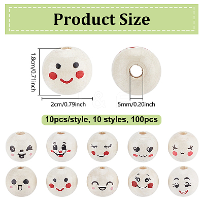100Pcs 10 Styles Printed Wood European Beads WOOD-UN0001-22A-1