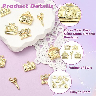 10Pcs 5 Styles Brass Micro Pave Clear Cubic Zirconia Pendants KK-CJ0004-26G-1