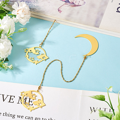 Brass Moon & Star Charms Bookmarks AJEW-TAC00030-1