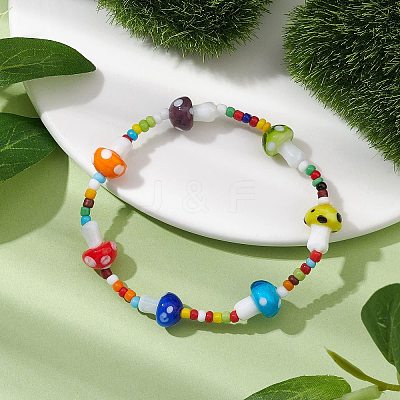 3mm Round Glass Seed Beads & Mushroom Handmade Lampwork Stretch Bracelets for Women BJEW-TA00523-1