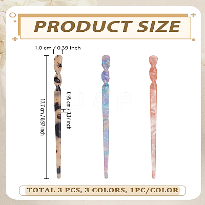 3Pcs 3 Colors Cellulose Acetate(Resin) Hair Sticks OHAR-LP0002-43-1