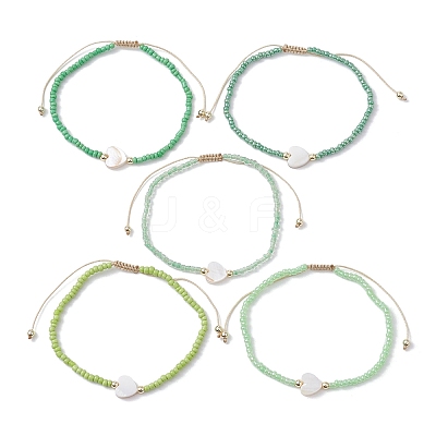 5Pcs 5 Colors Natural Shell Heart & Seed Braided Bead Bracelets Set BJEW-JB10039-03-1