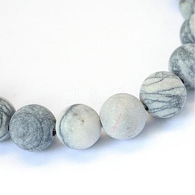 Frosted Natural Black Silk Stone/Netstone Round Bead Strands G-E334-8mm-25-1