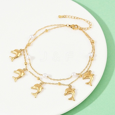 304 Stainless Steel with Acrylic Bead Double Layer Dolphin Charm Anklets for Women AJEW-G069-01G-1
