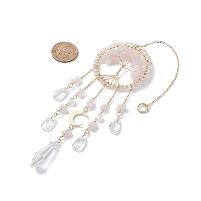 Natural Rose Quartz Copper Wire Wrapped Tree of Life Hanging Ornaments HJEW-TA00110-1