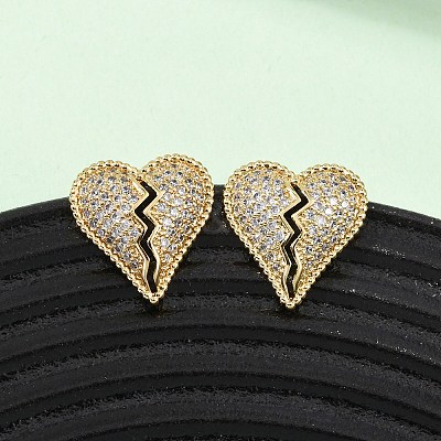 Broken Heart Brass Micro Pave Cubic Zirconia Stud Earrings EJEW-B153-19G-04-1