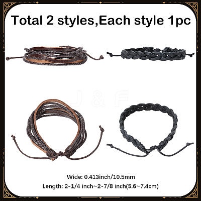 2Pcs 2 Styles Adjustable Cowhide Leather Cord Braided Bracelets BJEW-CL0001-16-1